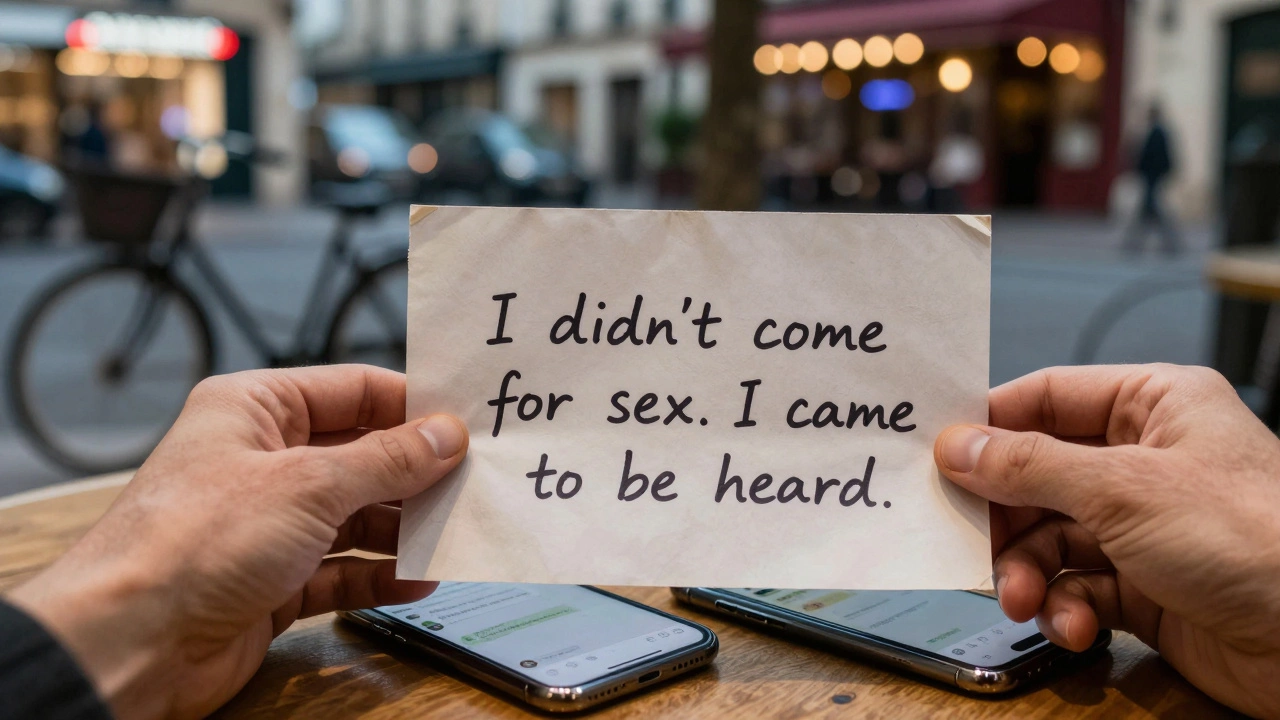 A folded note on a table beside a phone, reflecting Paris at night, whispering unspoken needs.