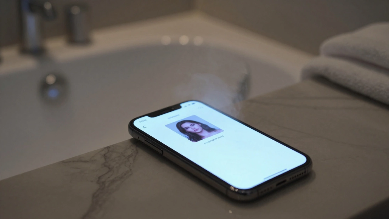 A smartphone on marble counter glowing with an encrypted message, steam rising from a bathtub nearby.