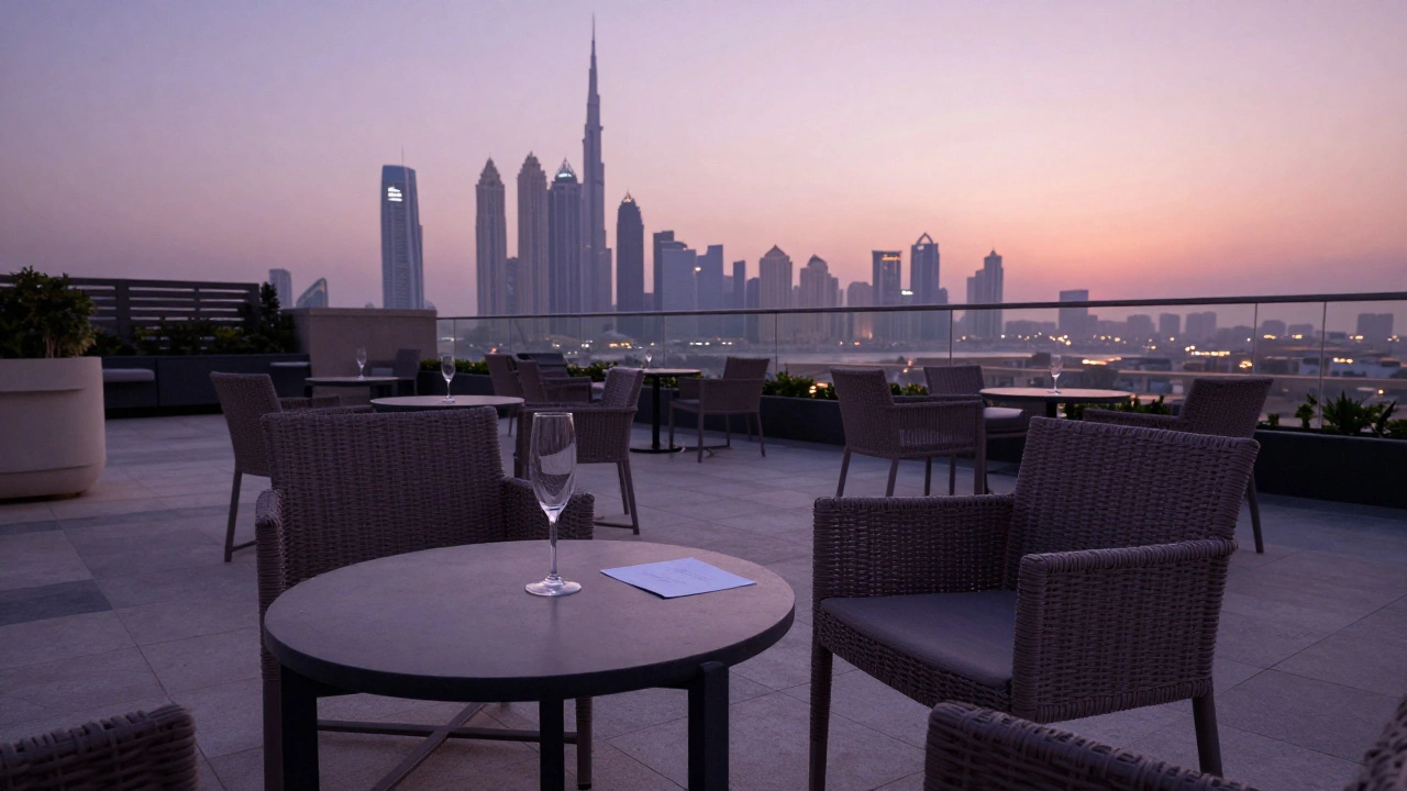 An empty rooftop lounge at dawn in Dubai, with a folded note and overturned chair, sunrise in the distance.